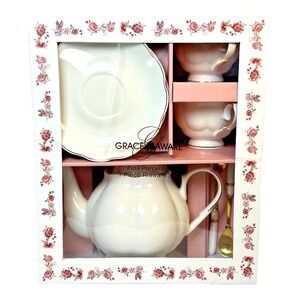 Grace Teaware Fine Porcelain 7-Piece Tea Time Gift Set Teapot Cups Saucers New